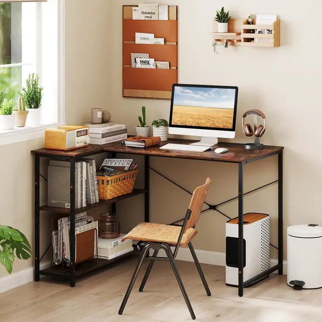 Alt view image 2 of 6 - L-Shaped Computer Desk with Power Outlets, USB & Type C Charging Port, Reversible Corner Desk with Adjustable Shelf, Heavy-Duty Metal Frame, Study Writing Table for Home Office