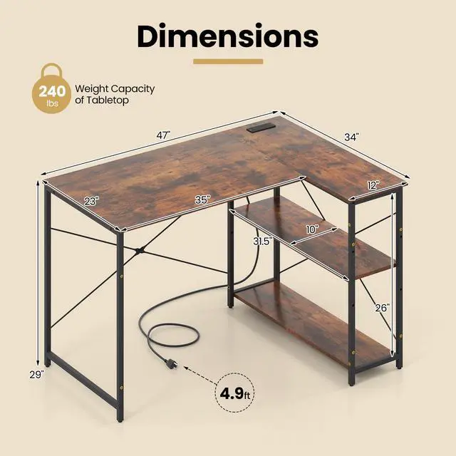 Alt view image 3 of 6 - L-Shaped Computer Desk with Power Outlets, USB & Type C Charging Port, Reversible Corner Desk with Adjustable Shelf, Heavy-Duty Metal Frame, Study Writing Table for Home Office
