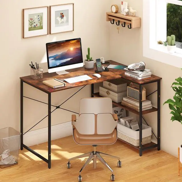 Alt view image 4 of 6 - L-Shaped Computer Desk with Power Outlets, USB & Type C Charging Port, Reversible Corner Desk with Adjustable Shelf, Heavy-Duty Metal Frame, Study Writing Table for Home Office