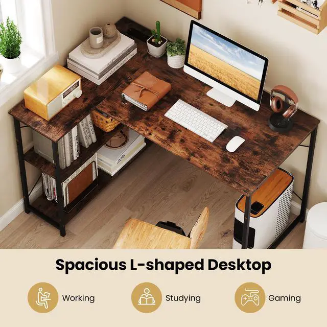 Alt view image 5 of 6 - L-Shaped Computer Desk with Power Outlets, USB & Type C Charging Port, Reversible Corner Desk with Adjustable Shelf, Heavy-Duty Metal Frame, Study Writing Table for Home Office