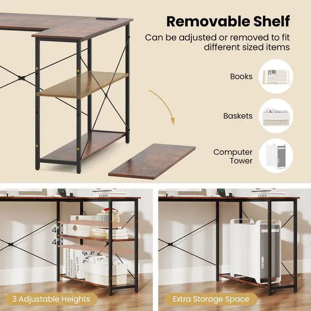 Alt view image 6 of 6 - L-Shaped Computer Desk with Power Outlets, USB & Type C Charging Port, Reversible Corner Desk with Adjustable Shelf, Heavy-Duty Metal Frame, Study Writing Table for Home Office