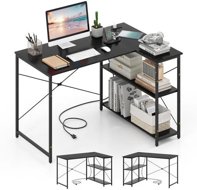 Main image of L-Shaped Computer Desk with Power Outlets, USB & Type C Charging Port, Reversible Corner Desk with Adjustable Shelf, Heavy-Duty Metal Frame, Study Writing Table for Home Office
