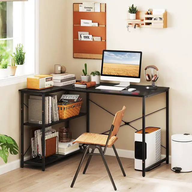 Alt view image 2 of 6 - L-Shaped Computer Desk with Power Outlets, USB & Type C Charging Port, Reversible Corner Desk with Adjustable Shelf, Heavy-Duty Metal Frame, Study Writing Table for Home Office