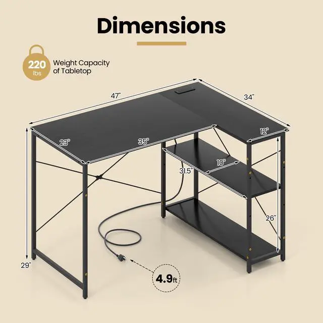 Alt view image 3 of 6 - L-Shaped Computer Desk with Power Outlets, USB & Type C Charging Port, Reversible Corner Desk with Adjustable Shelf, Heavy-Duty Metal Frame, Study Writing Table for Home Office