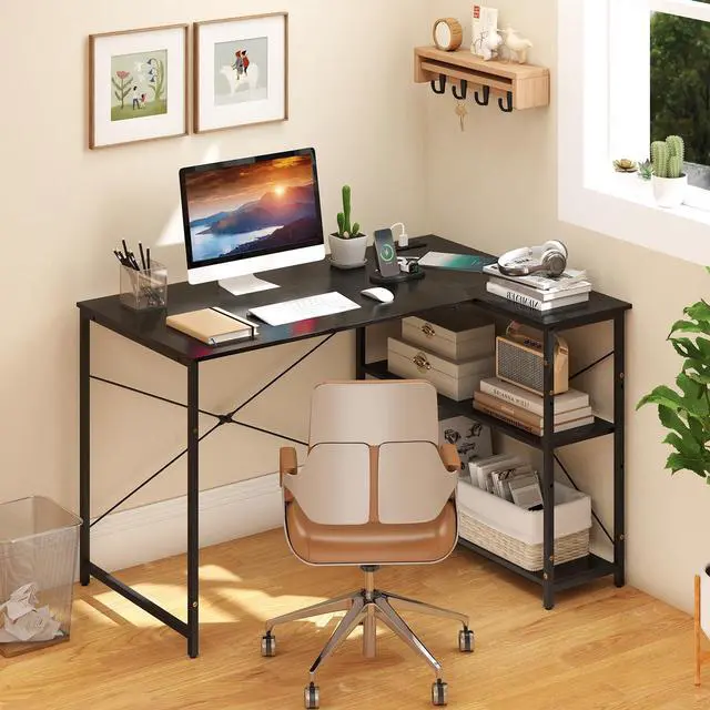 Alt view image 4 of 6 - L-Shaped Computer Desk with Power Outlets, USB & Type C Charging Port, Reversible Corner Desk with Adjustable Shelf, Heavy-Duty Metal Frame, Study Writing Table for Home Office