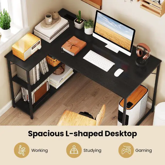 Alt view image 5 of 6 - L-Shaped Computer Desk with Power Outlets, USB & Type C Charging Port, Reversible Corner Desk with Adjustable Shelf, Heavy-Duty Metal Frame, Study Writing Table for Home Office