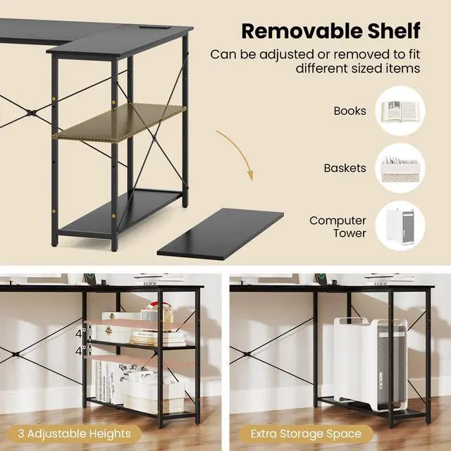 Alt view image 6 of 6 - L-Shaped Computer Desk with Power Outlets, USB & Type C Charging Port, Reversible Corner Desk with Adjustable Shelf, Heavy-Duty Metal Frame, Study Writing Table for Home Office