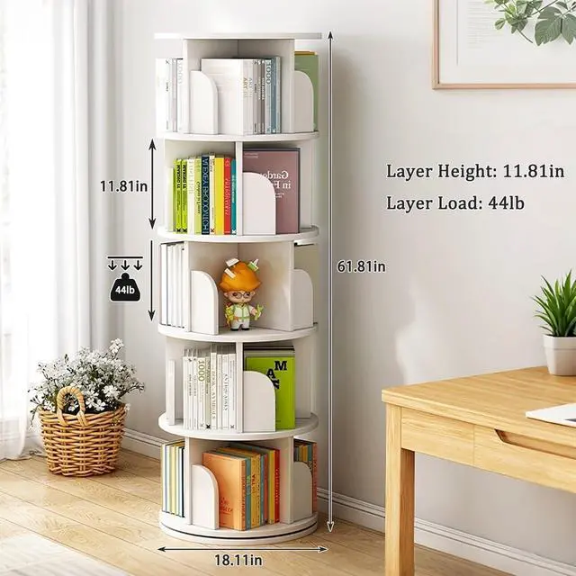 Alt view image 2 of 6 - Revolving 360 Book Shelf, Stackable Corner Bookshelf and Bookcase 61.81" H 5-Tier Narrow Tall Bookcase, Freestanding Corner Bookshelf for Small Space, Bedroom, Office, White