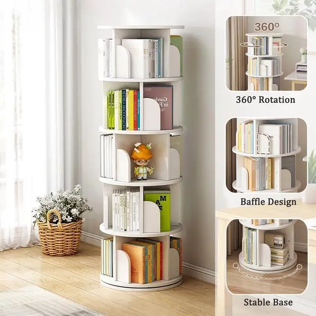 Alt view image 3 of 6 - Revolving 360 Book Shelf, Stackable Corner Bookshelf and Bookcase 61.81" H 5-Tier Narrow Tall Bookcase, Freestanding Corner Bookshelf for Small Space, Bedroom, Office, White