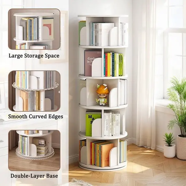 Alt view image 4 of 6 - Revolving 360 Book Shelf, Stackable Corner Bookshelf and Bookcase 61.81" H 5-Tier Narrow Tall Bookcase, Freestanding Corner Bookshelf for Small Space, Bedroom, Office, White