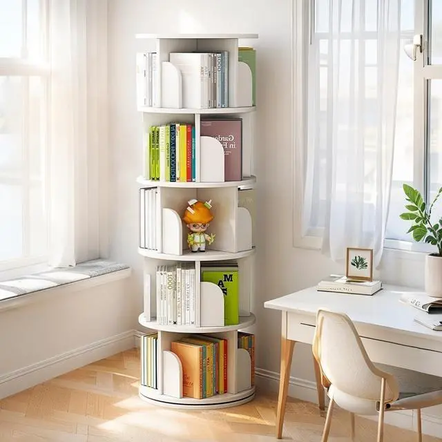Alt view image 5 of 6 - Revolving 360 Book Shelf, Stackable Corner Bookshelf and Bookcase 61.81" H 5-Tier Narrow Tall Bookcase, Freestanding Corner Bookshelf for Small Space, Bedroom, Office, White