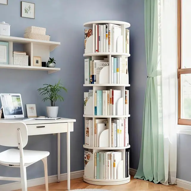 Alt view image 6 of 6 - Revolving 360 Book Shelf, Stackable Corner Bookshelf and Bookcase 61.81" H 5-Tier Narrow Tall Bookcase, Freestanding Corner Bookshelf for Small Space, Bedroom, Office, White