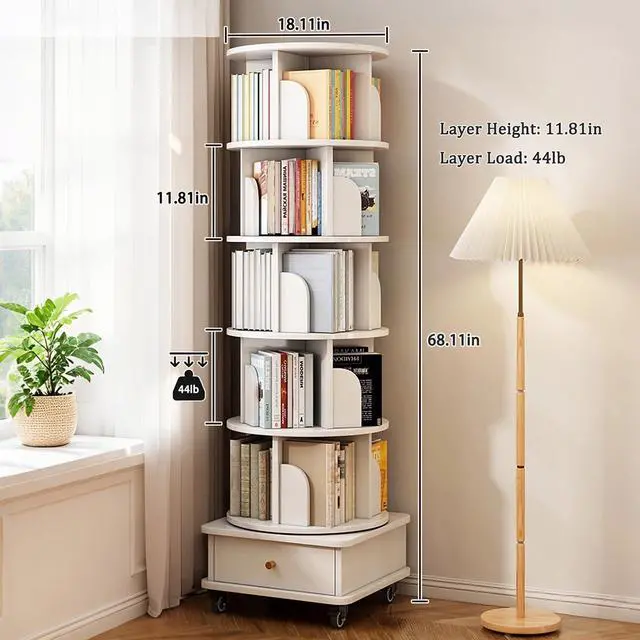 Alt view image 2 of 6 - Corner Bookshelf and Bookcase, 360 ° Display Freestanding Corner Bookshelf with Drawer and Wheels, 5-Tier 68.11" H Storage Cabinets,Wooden Rotating Bookshelfs for Small Space, White