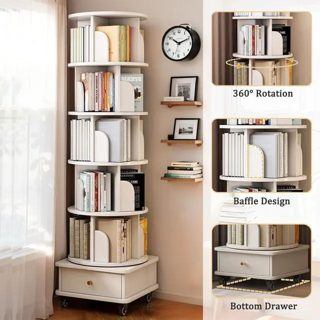 Alt view image 3 of 6 - Corner Bookshelf and Bookcase, 360 ° Display Freestanding Corner Bookshelf with Drawer and Wheels, 5-Tier 68.11" H Storage Cabinets,Wooden Rotating Bookshelfs for Small Space, White