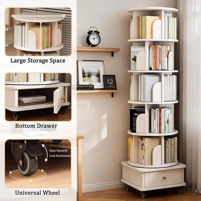 Alt view image 4 of 6 - Corner Bookshelf and Bookcase, 360 ° Display Freestanding Corner Bookshelf with Drawer and Wheels, 5-Tier 68.11" H Storage Cabinets,Wooden Rotating Bookshelfs for Small Space, White