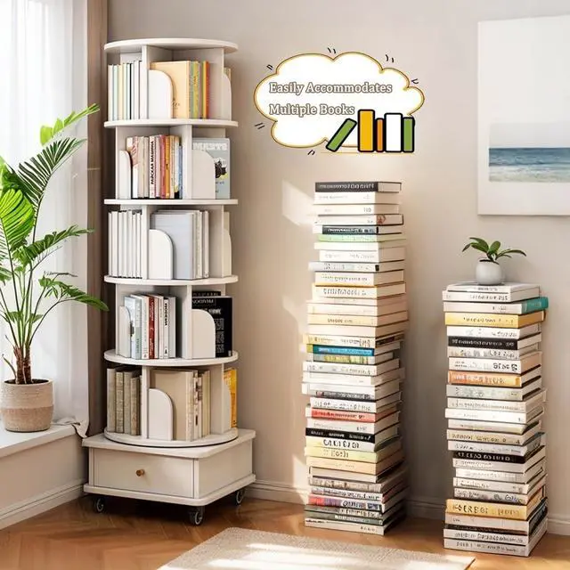 Alt view image 5 of 6 - Corner Bookshelf and Bookcase, 360 ° Display Freestanding Corner Bookshelf with Drawer and Wheels, 5-Tier 68.11" H Storage Cabinets,Wooden Rotating Bookshelfs for Small Space, White
