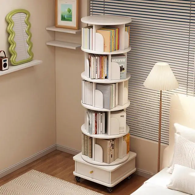 Alt view image 6 of 6 - Corner Bookshelf and Bookcase, 360 ° Display Freestanding Corner Bookshelf with Drawer and Wheels, 5-Tier 68.11" H Storage Cabinets,Wooden Rotating Bookshelfs for Small Space, White
