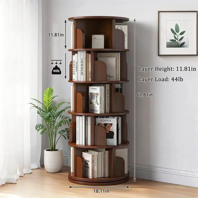 Alt view image 2 of 6 - 61.81" H Wooden Book Shelves 5-Tier, 360 Display Floor Standing Bookcase Storage Rack, Storage Cabinets for Small Spaces, Corner, Bedroom, Office Walnut