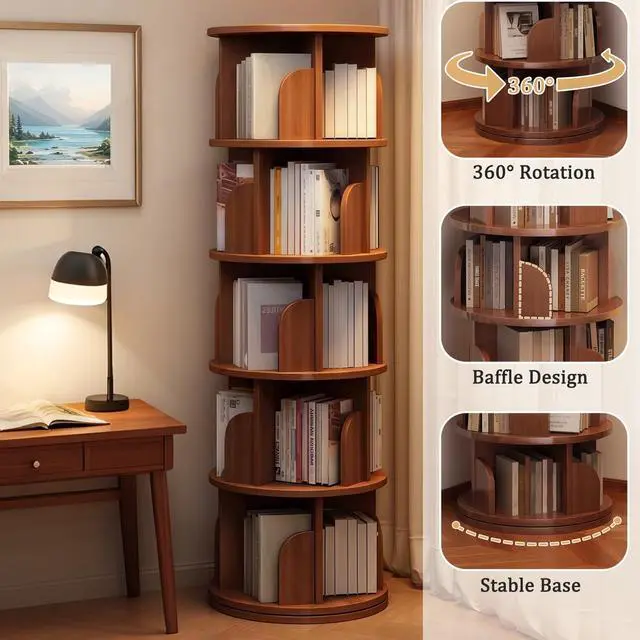 Alt view image 3 of 6 - 61.81" H Wooden Book Shelves 5-Tier, 360 Display Floor Standing Bookcase Storage Rack, Storage Cabinets for Small Spaces, Corner, Bedroom, Office Walnut