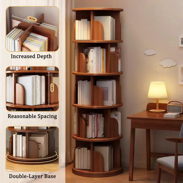 Alt view image 4 of 6 - 61.81" H Wooden Book Shelves 5-Tier, 360 Display Floor Standing Bookcase Storage Rack, Storage Cabinets for Small Spaces, Corner, Bedroom, Office Walnut