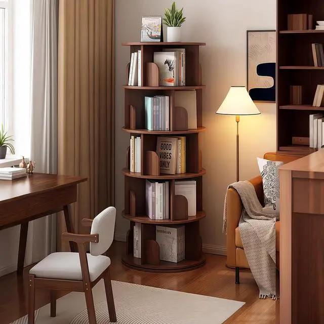 Alt view image 6 of 6 - 61.81" H Wooden Book Shelves 5-Tier, 360 Display Floor Standing Bookcase Storage Rack, Storage Cabinets for Small Spaces, Corner, Bedroom, Office Walnut