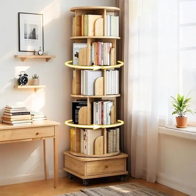 Main image of Rotating Bookshelf Tower 5 Tier, Stackable Corner Bookshelf with Storage with Drawers and Storage Cabinet, Corner Organizer Lazy Susa for Living Room, Bedroom, Study
