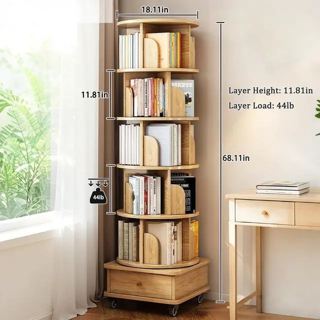 Alt view image 2 of 6 - Rotating Bookshelf Tower 5 Tier, Stackable Corner Bookshelf with Storage with Drawers and Storage Cabinet, Corner Organizer Lazy Susa for Living Room, Bedroom, Study