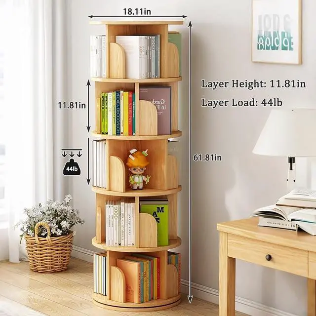Alt view image 2 of 6 - Corner Bookshelf and Bookcase, 61.81" H 5-Tier Rotating Bookshelf 360°, Book Shelf Narrow Tall Bookcase, Floor Standing Bookcases Storage Rack for Living Room, Office, Bedroom