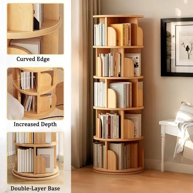 Alt view image 4 of 6 - Corner Bookshelf and Bookcase, 61.81" H 5-Tier Rotating Bookshelf 360°, Book Shelf Narrow Tall Bookcase, Floor Standing Bookcases Storage Rack for Living Room, Office, Bedroom