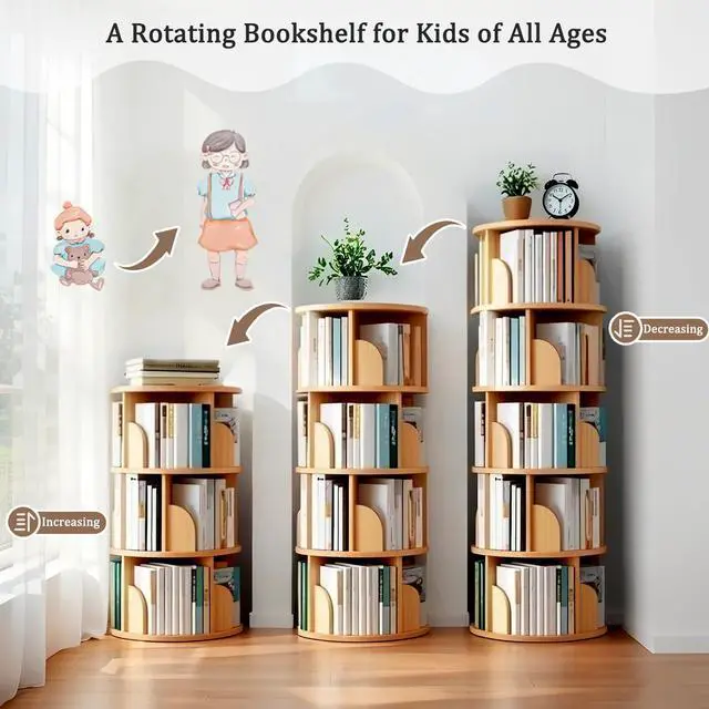 Alt view image 6 of 6 - Corner Bookshelf and Bookcase, 61.81" H 5-Tier Rotating Bookshelf 360°, Book Shelf Narrow Tall Bookcase, Floor Standing Bookcases Storage Rack for Living Room, Office, Bedroom