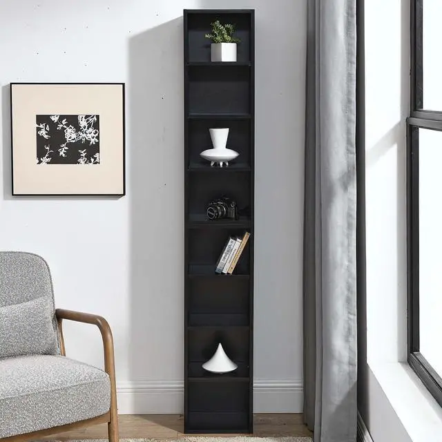 Main image of Tall Narrow Bookshelf for Bedroom, Small Bookshelf for Small Spaces, 4/8 Open Bookshelves and Bookcases for Classroom, Media Storage&Small Display Cabinet for Living Room, Office, Adjustable (Black)