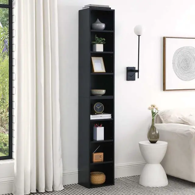 Alt view image 3 of 6 - Tall Narrow Bookshelf for Bedroom, Small Bookshelf for Small Spaces, 4/8 Open Bookshelves and Bookcases for Classroom, Media Storage&Small Display Cabinet for Living Room, Office, Adjustable (Black)