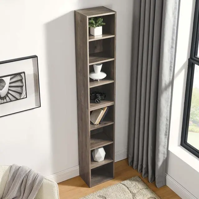 Alt view image 4 of 6 - Tall Narrow Bookshelf for Bedroom, Small Bookshelf for Small Spaces, 4/8 Open Bookshelves and Bookcases for Classroom, Media Storage&Small Display Cabinet for Living Room, Office, Adjustable (Gray)