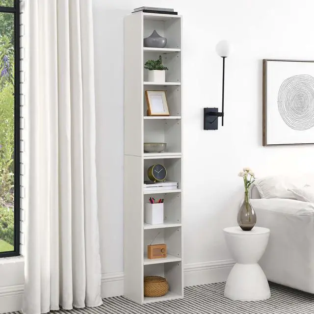 Alt view image 3 of 6 - Tall Narrow Bookshelf for Bedroom, Small Bookshelf for Small Spaces, 4/8 Open Bookshelves and Bookcases for Classroom, Media Storage&Small Display Cabinet for Living Room, Office, Adjustable (White)