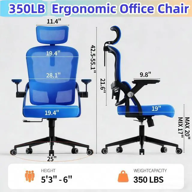 Alt view image 2 of 6 - Ergonomic Office Chair - 350LB Comfy Desk Chairs with Adjustable Headrest and Lumbar Back Support, Mesh Computer Chairs with Wheels and Arms for Home Office, Study