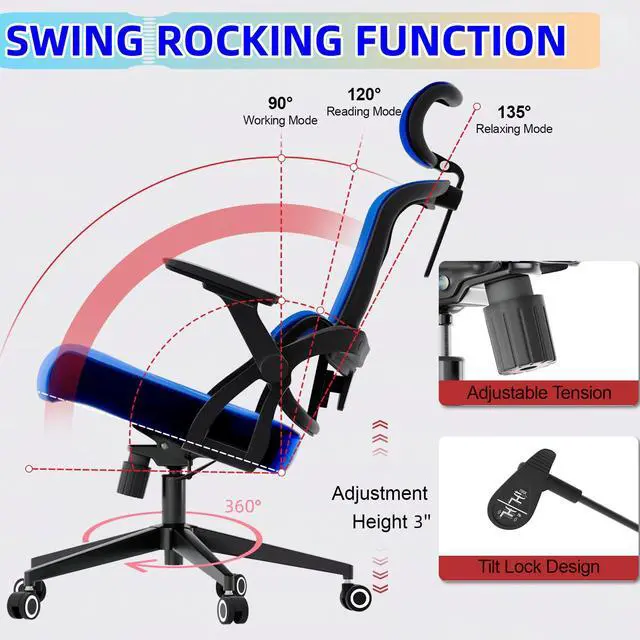Alt view image 3 of 6 - Ergonomic Office Chair - 350LB Comfy Desk Chairs with Adjustable Headrest and Lumbar Back Support, Mesh Computer Chairs with Wheels and Arms for Home Office, Study