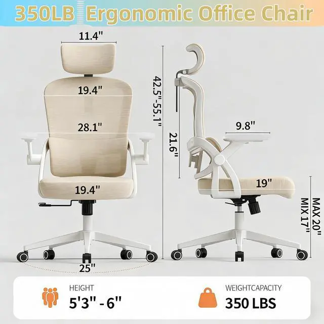 Alt view image 2 of 6 - Ergonomic Office Chair, 350 LBS High Back Mesh Desk Chair with Adjustable Headrest, Adaptive Lumbar Support, Comfortable Computer Chair for Home Office, Work, Study