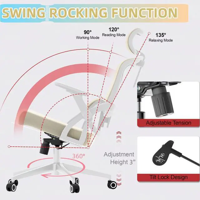 Alt view image 3 of 6 - Ergonomic Office Chair, 350 LBS High Back Mesh Desk Chair with Adjustable Headrest, Adaptive Lumbar Support, Comfortable Computer Chair for Home Office, Work, Study
