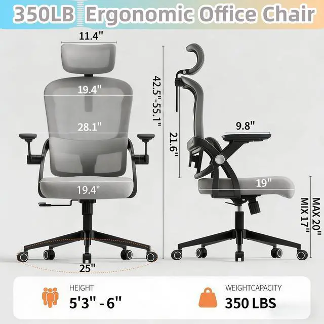 Alt view image 2 of 6 - Ergonomic Office Chair - 350LB Comfy Desk Chairs with Adjustable Headrest and Lumbar Back Support, Mesh Computer Chairs with Wheels and Arms for Home Office, Study