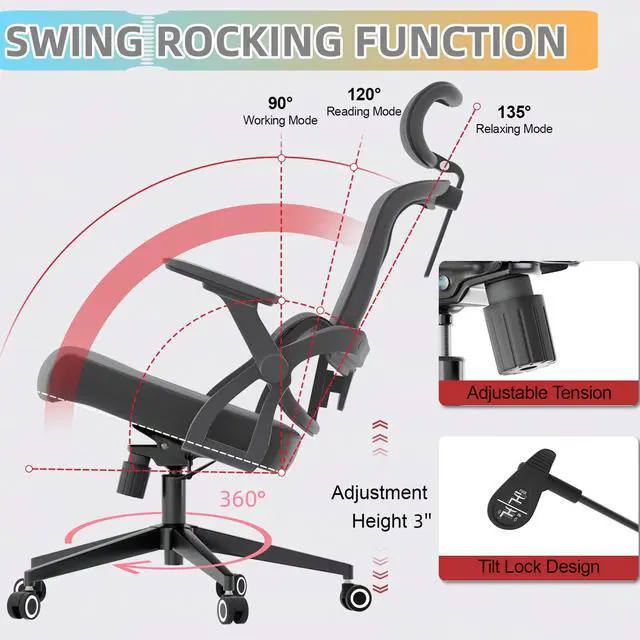 Alt view image 3 of 6 - Ergonomic Office Chair - 350LB Comfy Desk Chairs with Adjustable Headrest and Lumbar Back Support, Mesh Computer Chairs with Wheels and Arms for Home Office, Study