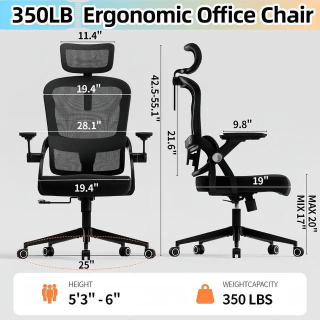 Alt view image 2 of 6 - Ergonomic Office Chair - 350LB Comfy Desk Chairs with Adjustable Headrest and Lumbar Back Support, Mesh Computer Chairs with Wheels and Arms for Home Office, Study