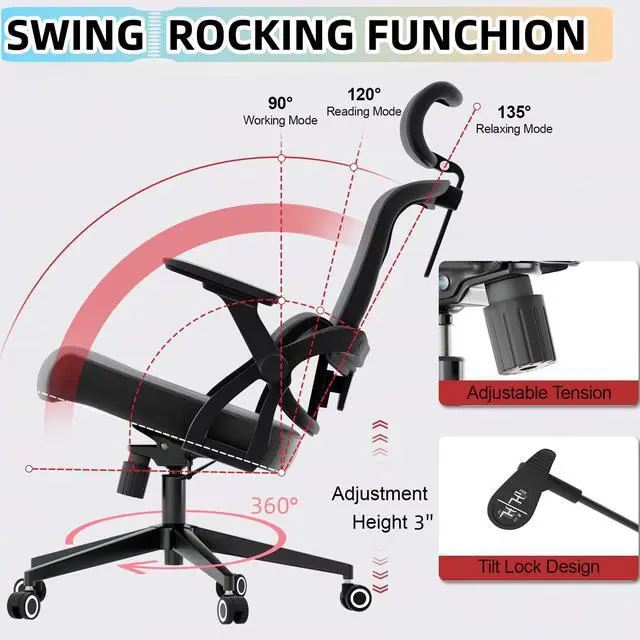 Alt view image 3 of 6 - Ergonomic Office Chair - 350LB Comfy Desk Chairs with Adjustable Headrest and Lumbar Back Support, Mesh Computer Chairs with Wheels and Arms for Home Office, Study