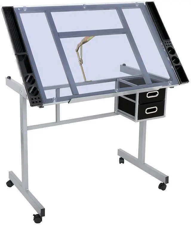 Main image of Adjustable Drafting Table, Drawing Table on Wheels with Storage & Side Tray, Artist Desk Tilting Glass Tabletop Art Craft Desk for Home Office
