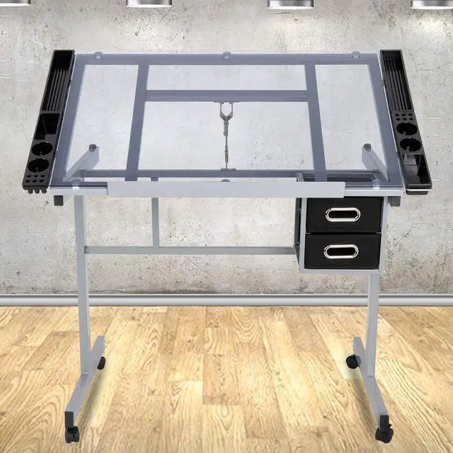 Alt view image 2 of 6 - Adjustable Drafting Table, Drawing Table on Wheels with Storage & Side Tray, Artist Desk Tilting Glass Tabletop Art Craft Desk for Home Office