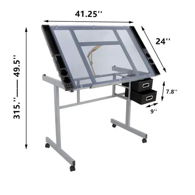 Alt view image 3 of 6 - Adjustable Drafting Table, Drawing Table on Wheels with Storage & Side Tray, Artist Desk Tilting Glass Tabletop Art Craft Desk for Home Office