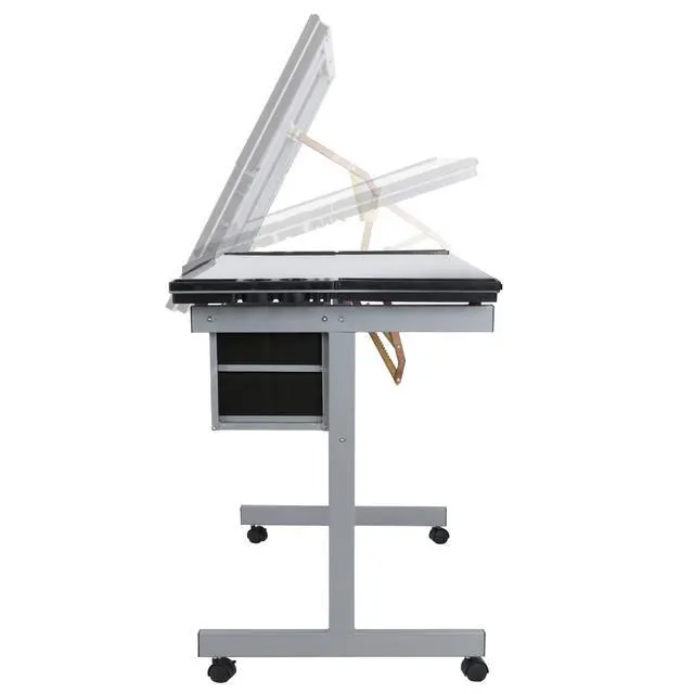 Alt view image 4 of 6 - Adjustable Drafting Table, Drawing Table on Wheels with Storage & Side Tray, Artist Desk Tilting Glass Tabletop Art Craft Desk for Home Office