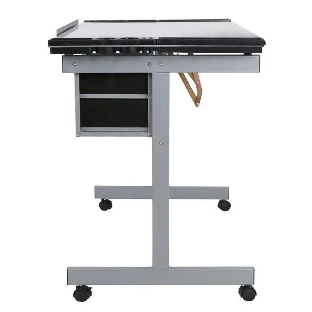 Alt view image 5 of 6 - Adjustable Drafting Table, Drawing Table on Wheels with Storage & Side Tray, Artist Desk Tilting Glass Tabletop Art Craft Desk for Home Office