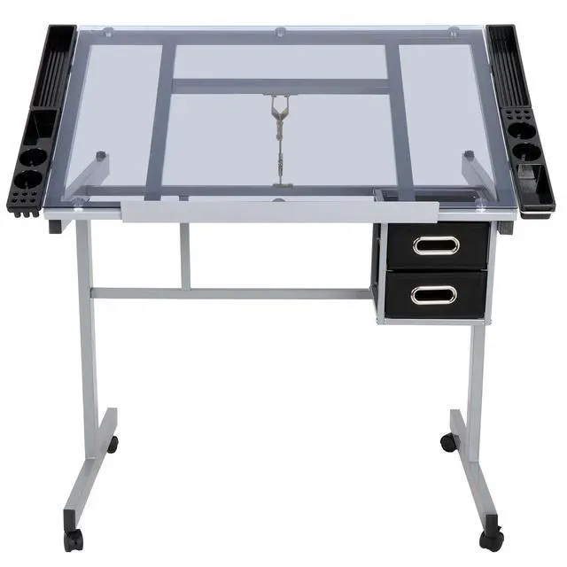 Alt view image 6 of 6 - Adjustable Drafting Table, Drawing Table on Wheels with Storage & Side Tray, Artist Desk Tilting Glass Tabletop Art Craft Desk for Home Office