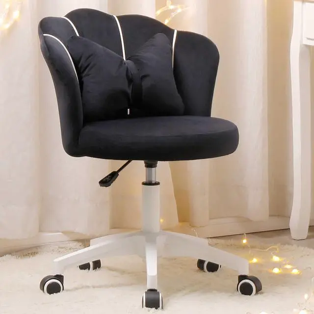 Alt view image 3 of 6 - Black Vanity Chair with Wheels, Velvet Upholstered Desk Chair, Cute Home Office Desk Chair Swivel with Back for Girls Women, Height Adjustable Makeup Chair for Vanity