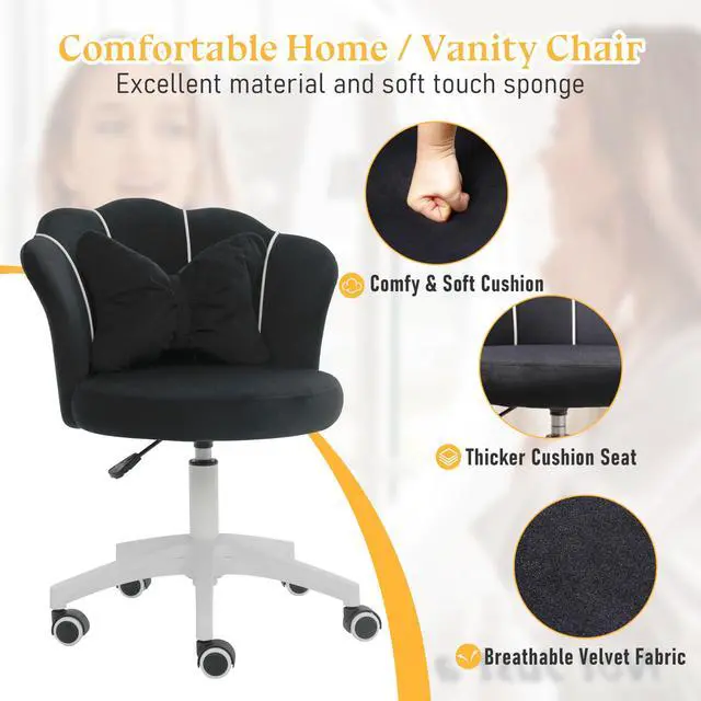 Alt view image 4 of 6 - Black Vanity Chair with Wheels, Velvet Upholstered Desk Chair, Cute Home Office Desk Chair Swivel with Back for Girls Women, Height Adjustable Makeup Chair for Vanity